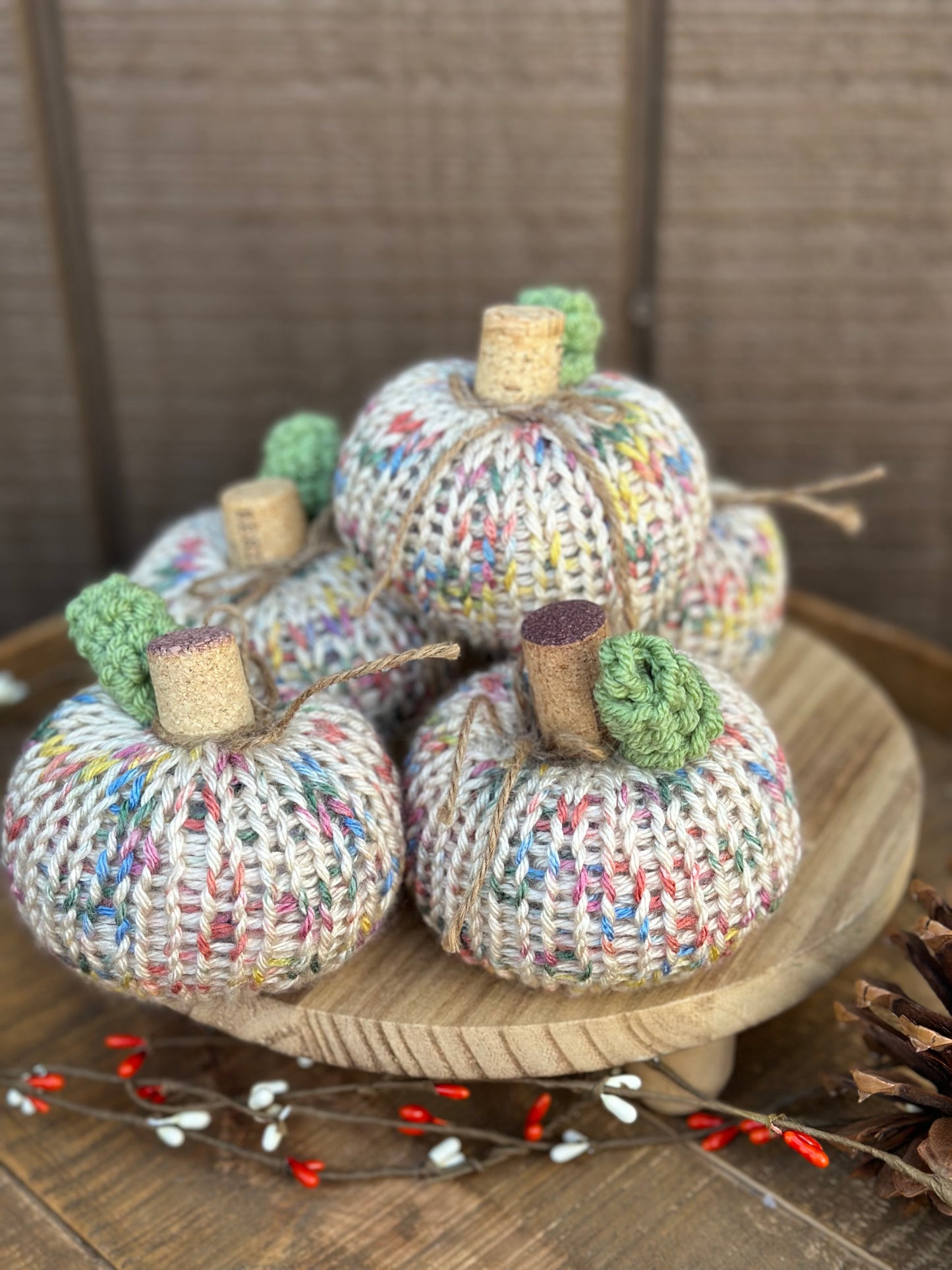 Handmade Knit Pumpkin – Small fall decor with Wine Cork Stem