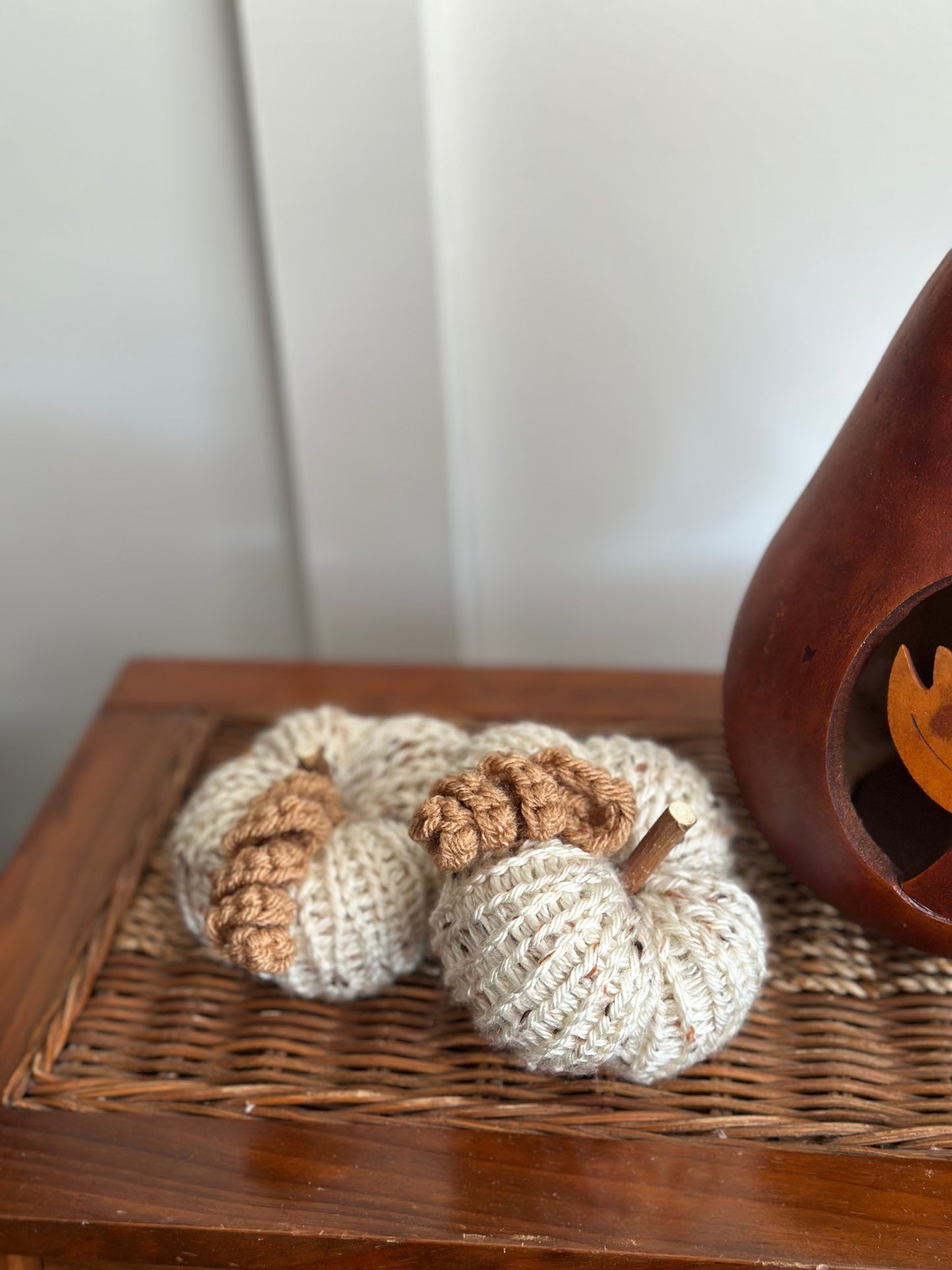 handmade knit pumpkin - tweed with wood stem and crochet tendril