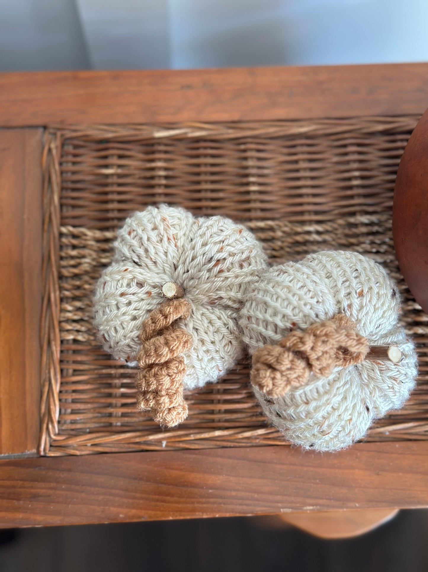 handmade knit pumpkin - tweed with wood stem and crochet tendril