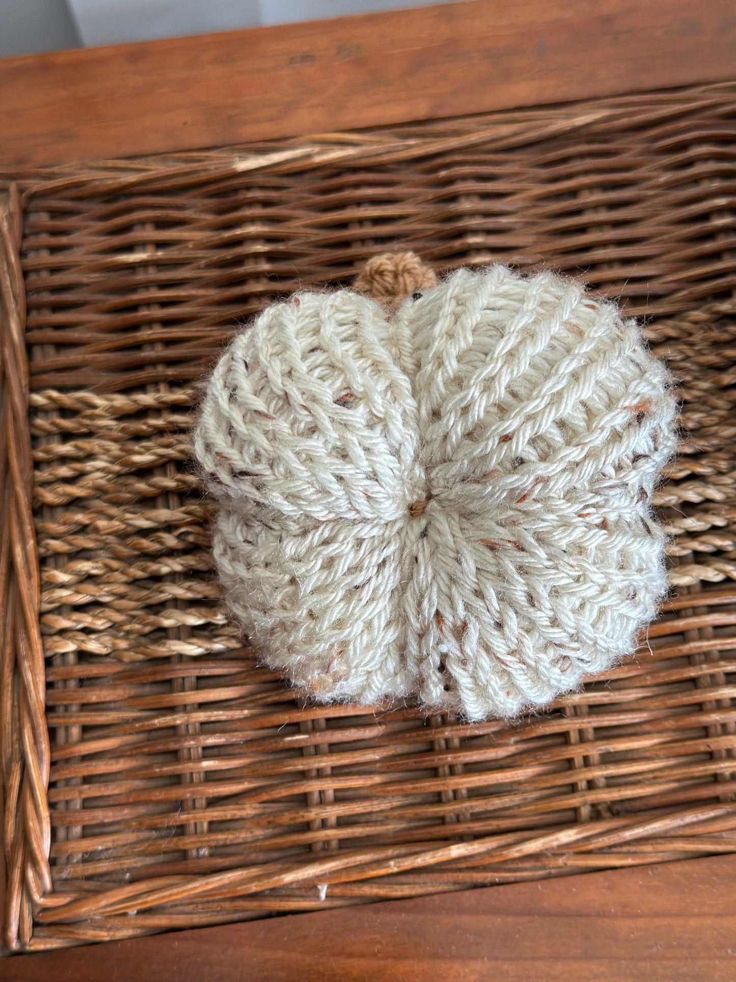 handmade knit pumpkin - tweed with wood stem and crochet tendril