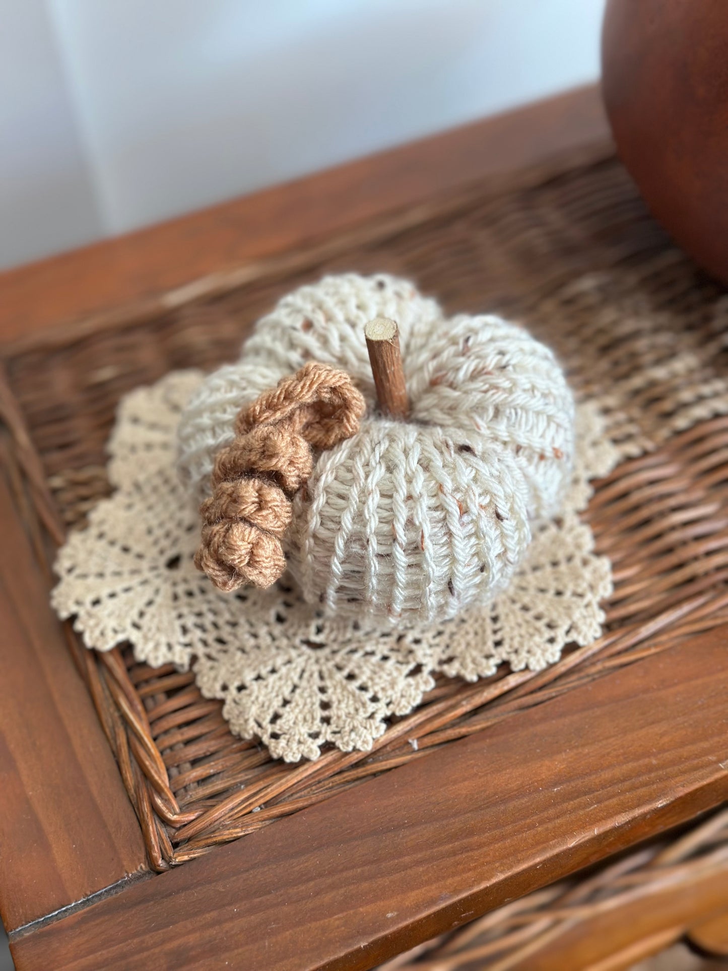 handmade knit pumpkin - tweed with wood stem and crochet tendril