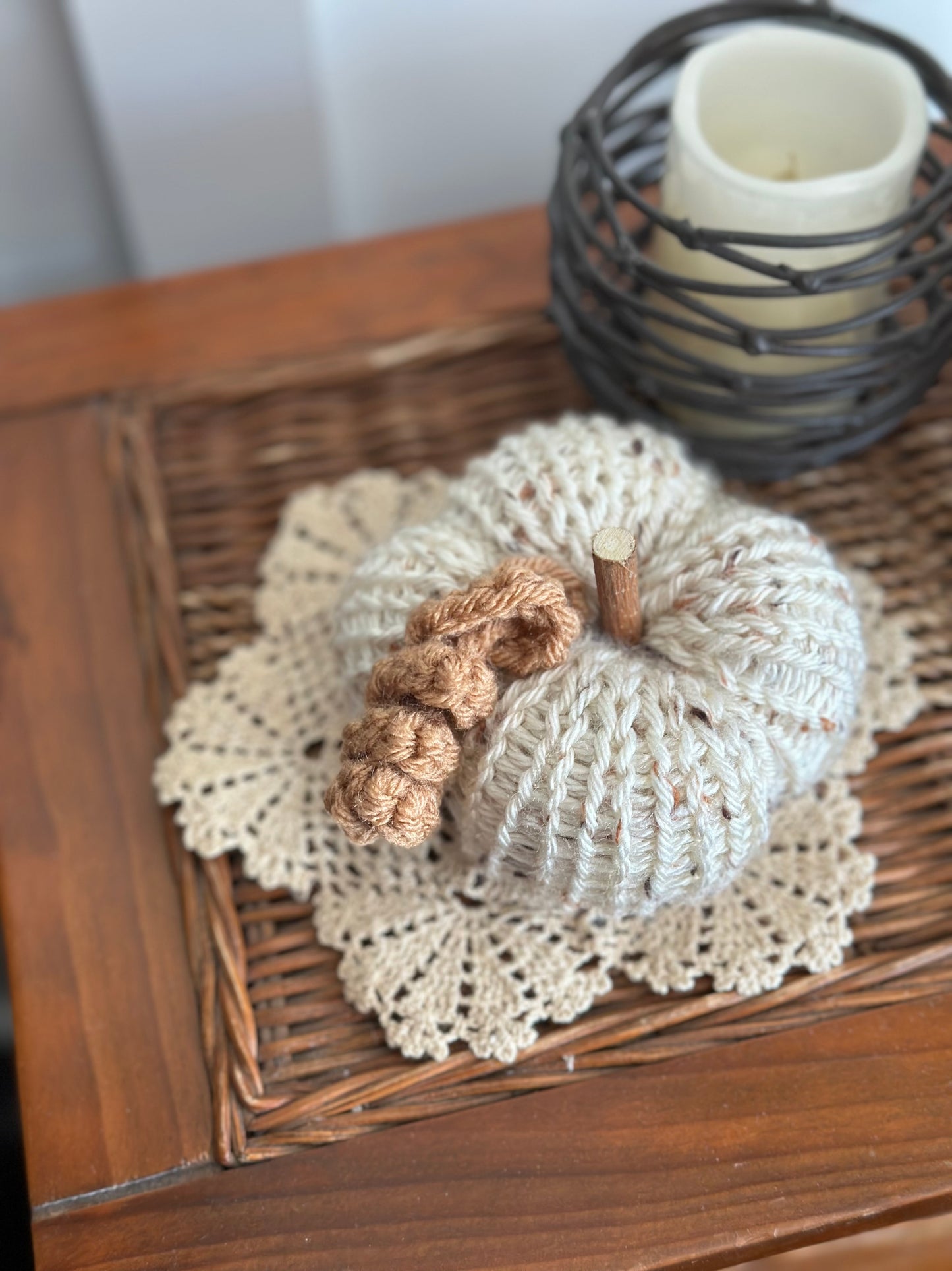 handmade knit pumpkin - tweed with wood stem and crochet tendril