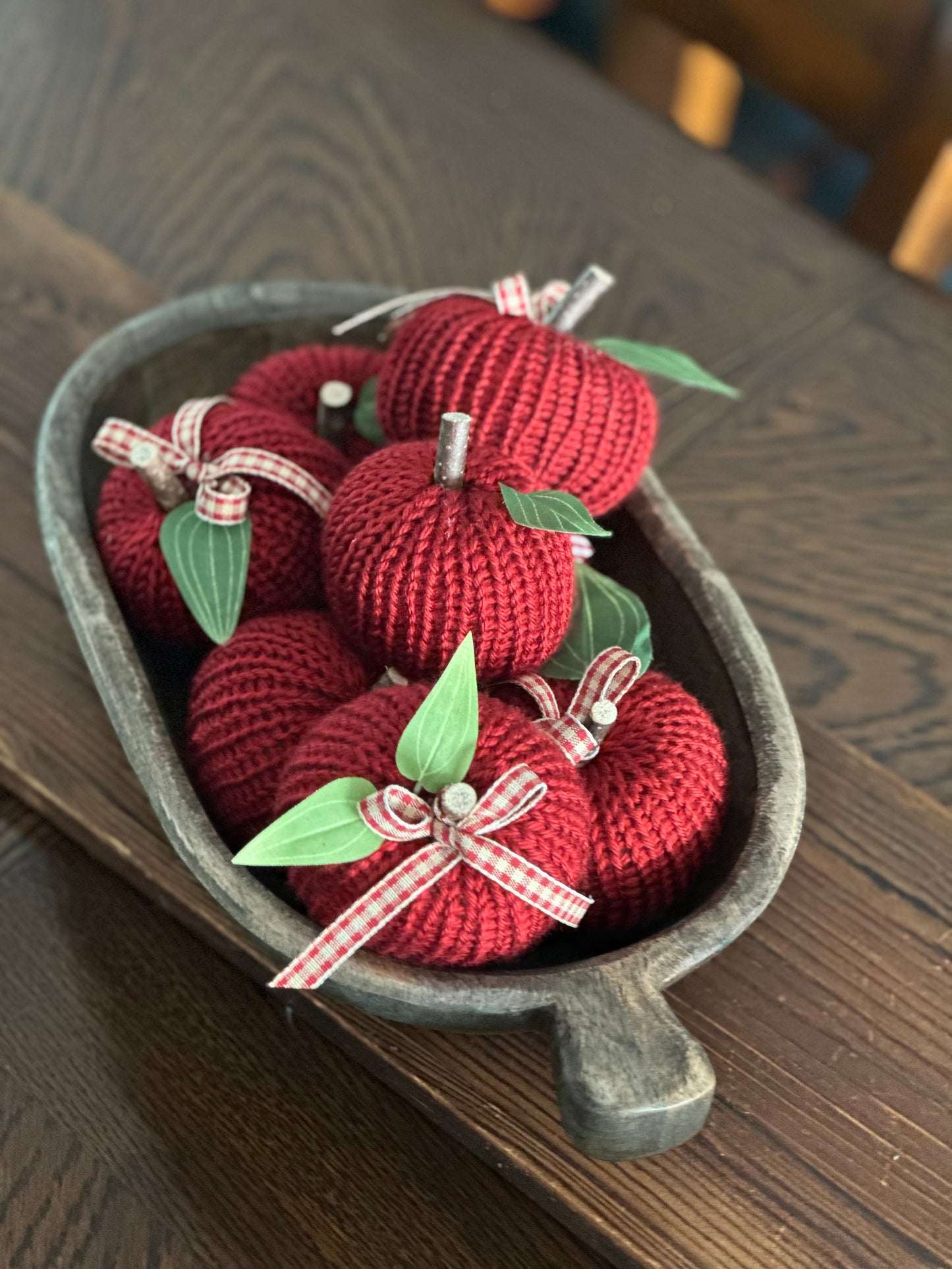 Handmade Knit Apple with Green Leaves – Cozy Farmhouse Fall Décor