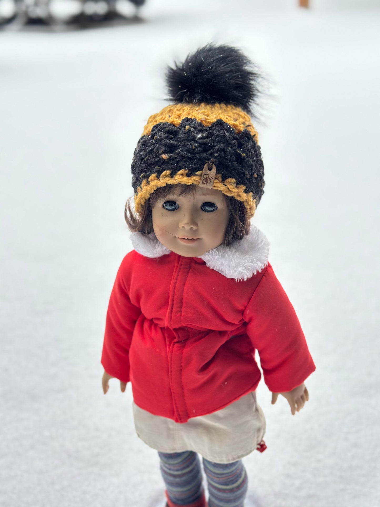 Honey & Black Crochet Doll Beanie with Faux Fur Pom | Handmade Doll Hat