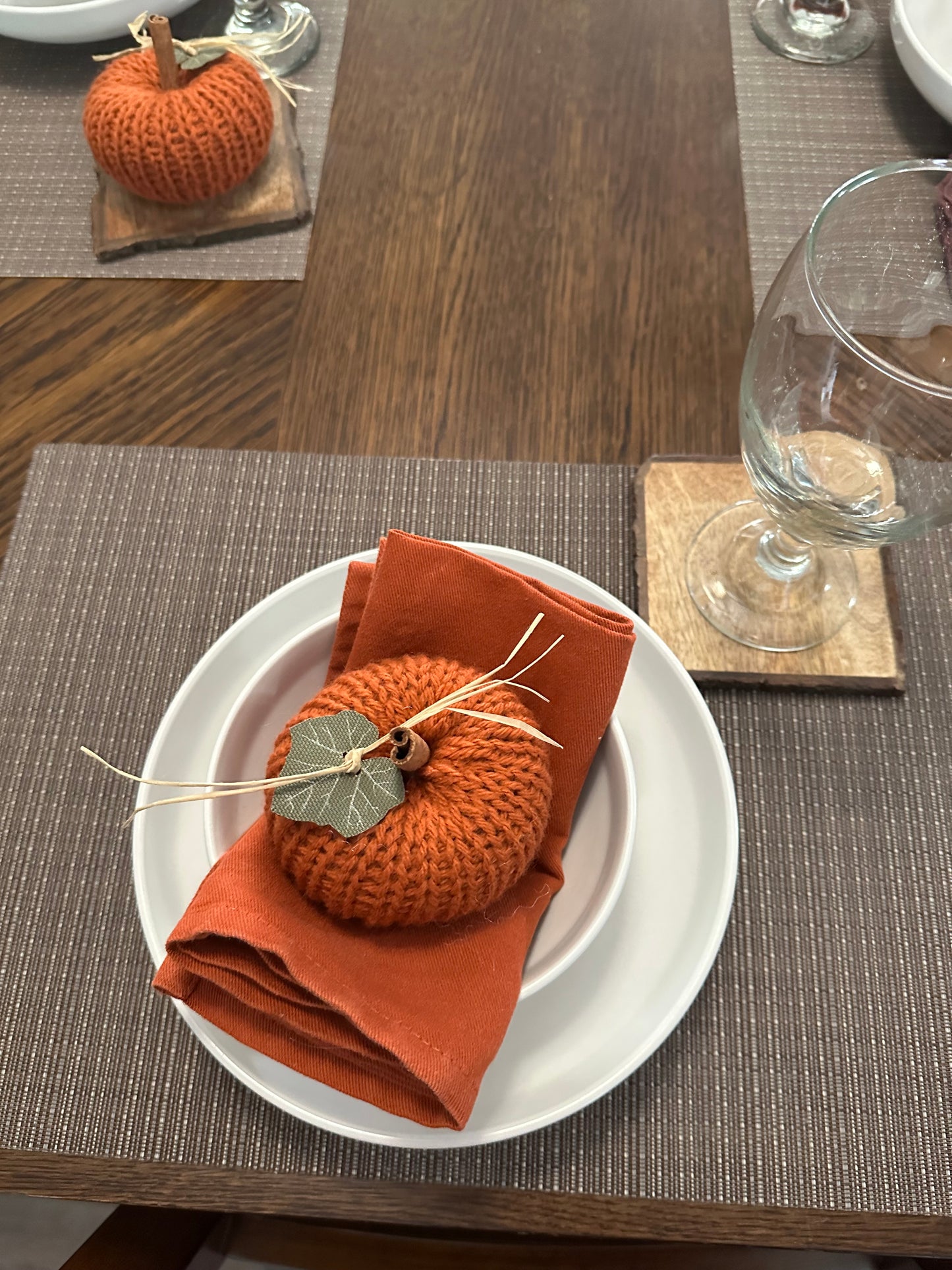 Small Knit Pumpkin with Cinnamon Stick Stem, Green Canvas Leaf & Raffia tie