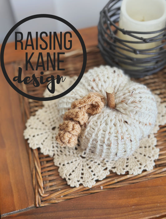 handmade knit pumpkin - tweed with wood stem and crochet tendril