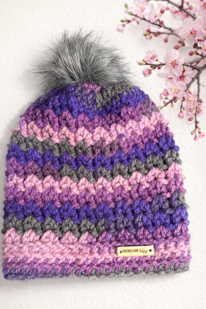 Cherry Blossom Crochet Beanie with Gray Faux Fur Pom