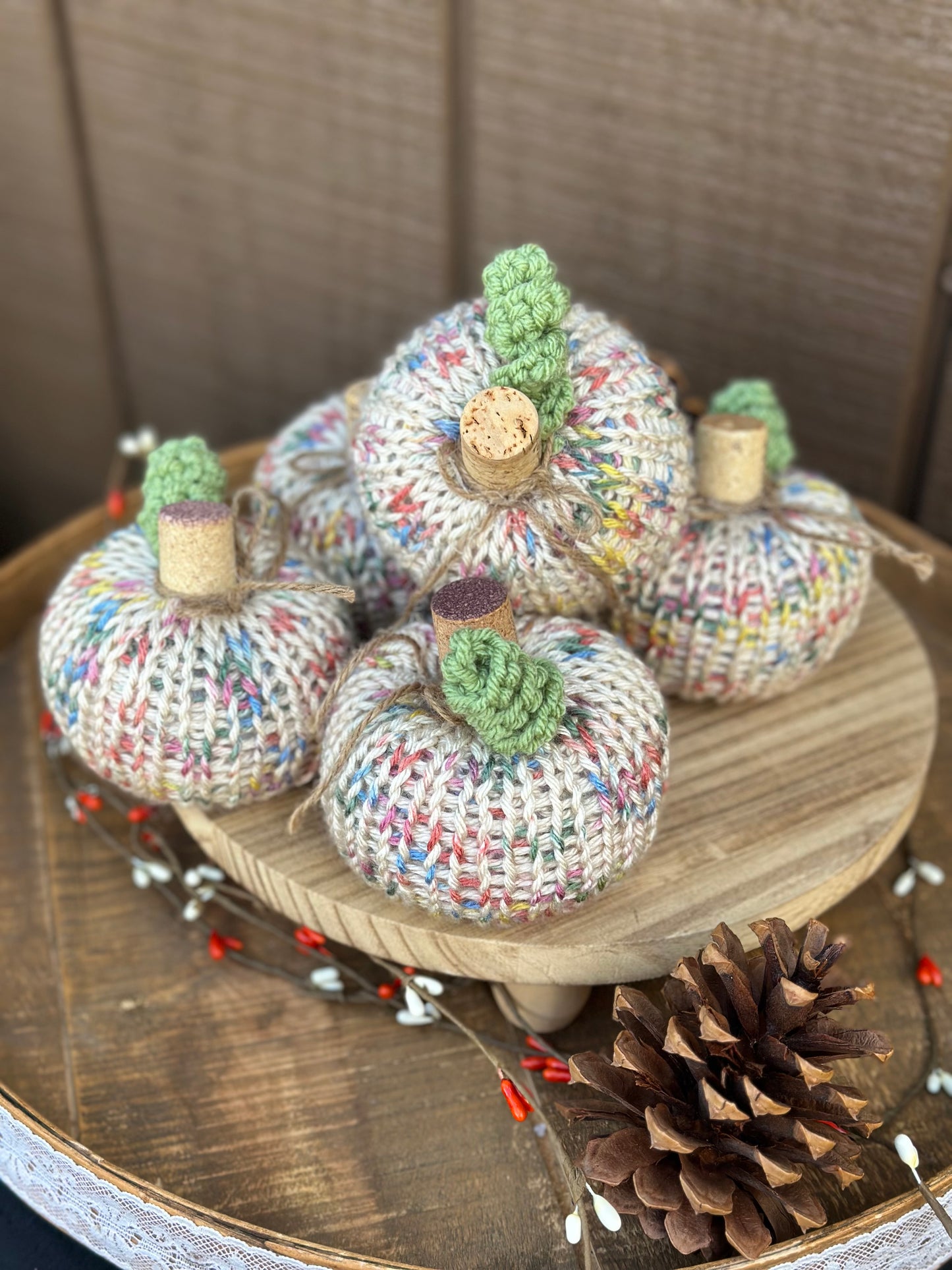 Handmade Knit Pumpkin – Small fall decor with Wine Cork Stem