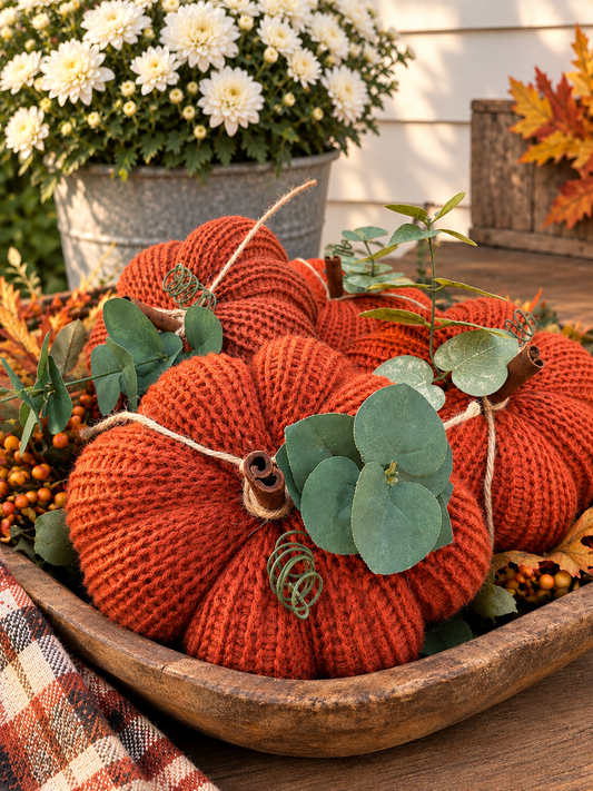 knit segmented pumpkin with greenery