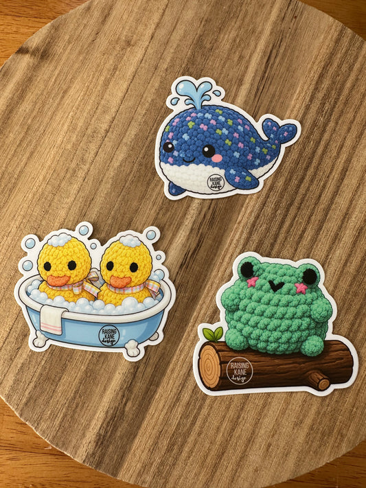 Crochet Plush Sticker Collection – Frog & Whale & Duck Vinyl Stickers