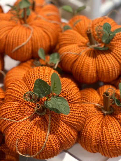 knit segmented pumpkin with greenery