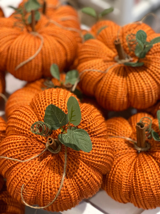 knit segmented pumpkin with greenery