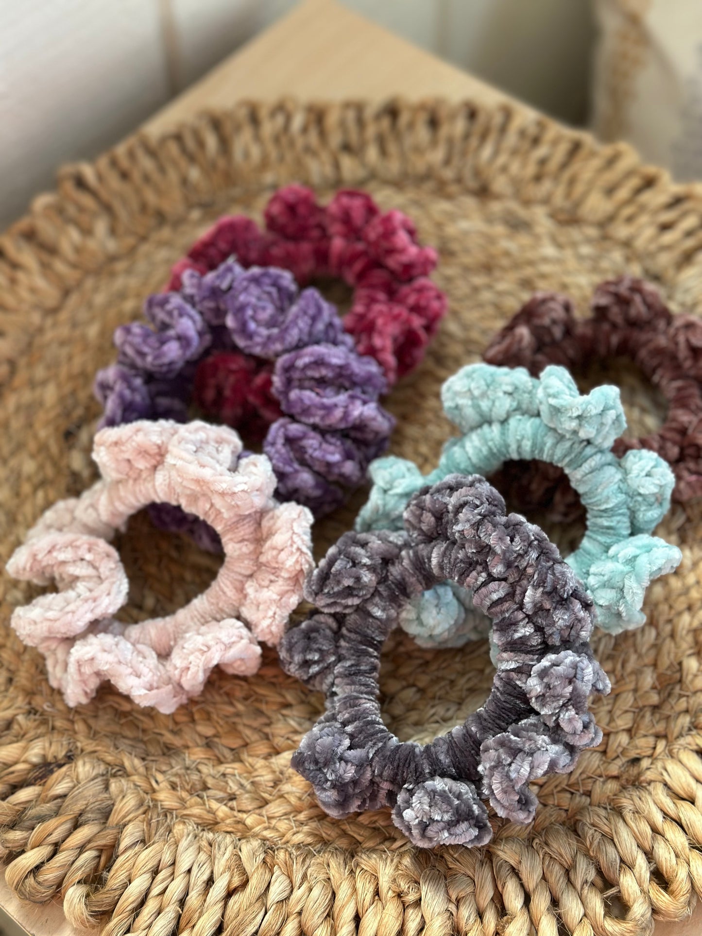 handmade scrunchie, crochet scrunchie, velvet scrunchie, sensory scrunchie, cozy hair accessory, crochet hair tie, soft hair scrunchie, handmade gift
