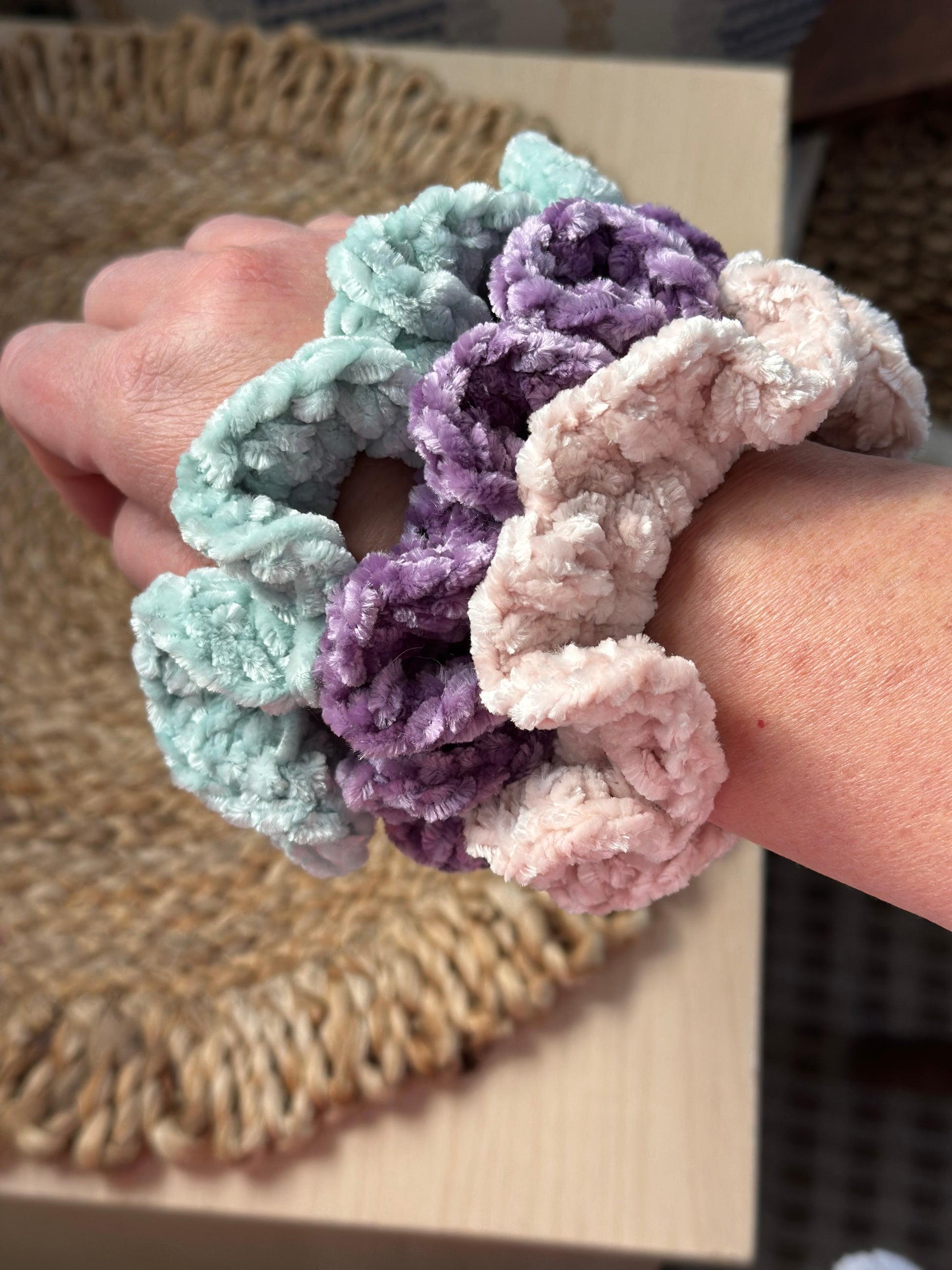 handmade scrunchie, crochet scrunchie, velvet scrunchie, sensory scrunchie, cozy hair accessory, crochet hair tie, soft hair scrunchie, handmade gift

