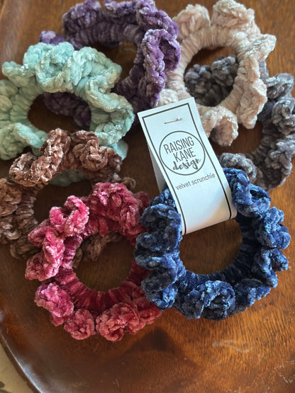 handmade scrunchie, crochet scrunchie, velvet scrunchie, sensory scrunchie, cozy hair accessory, crochet hair tie, soft hair scrunchie, handmade gift
