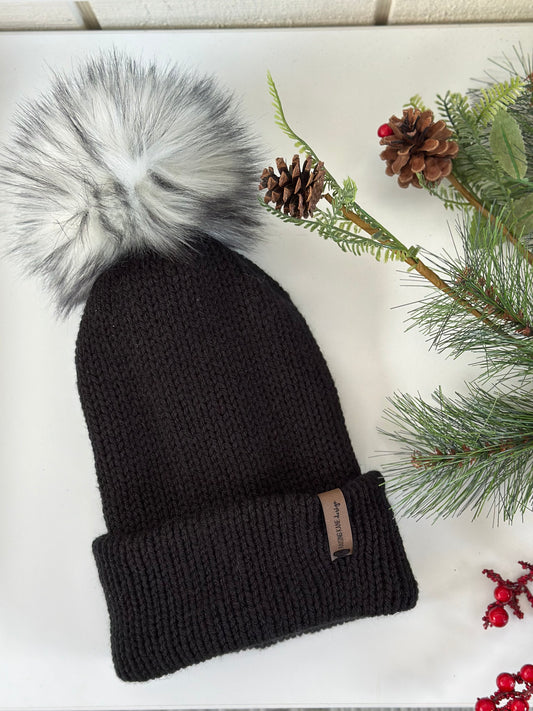 Black Knit Beanie with Removable Black & White Pom
