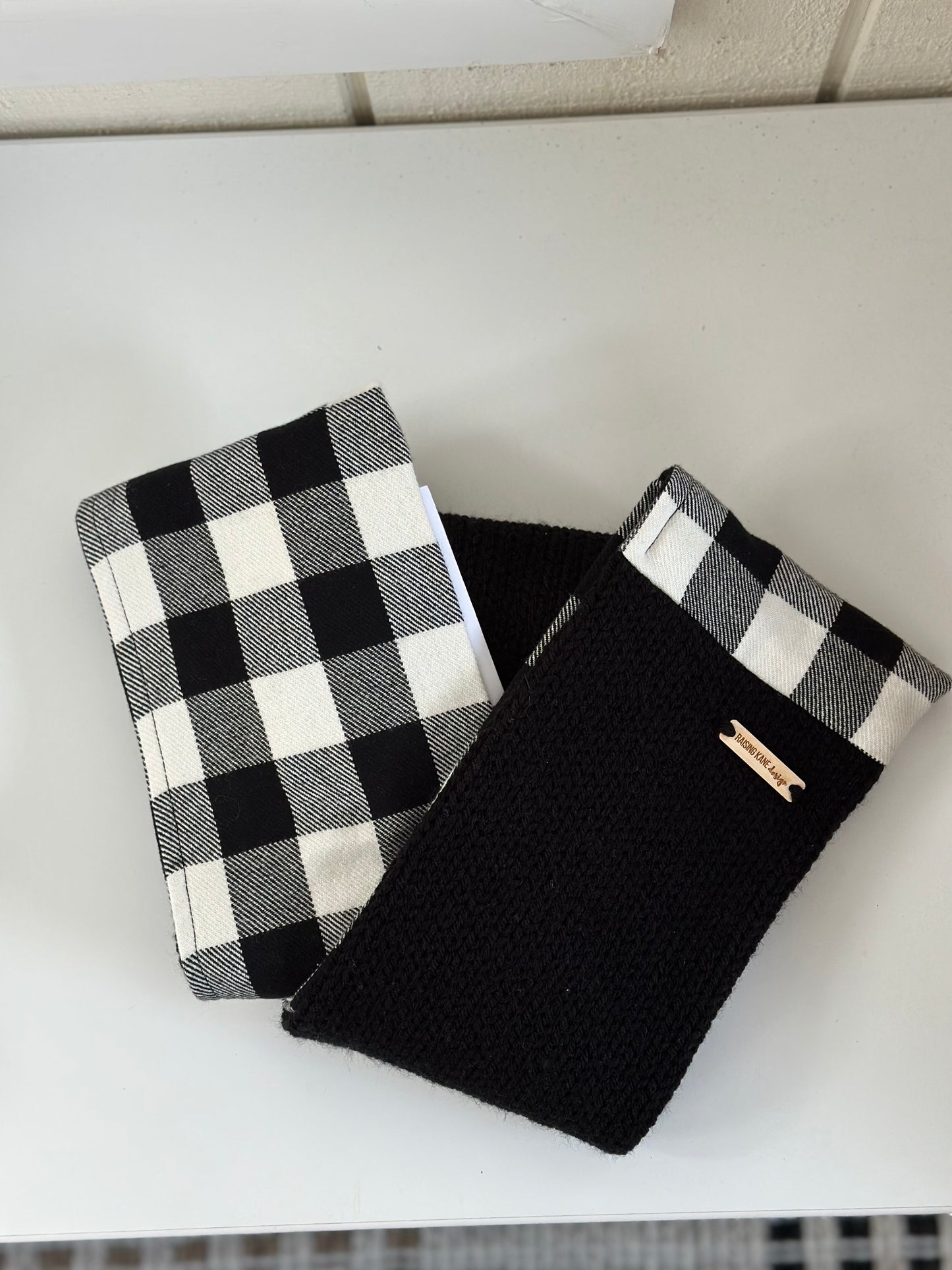 Knit & Buffalo Plaid Flannel Infinity Scarf - Handmade winter scarf