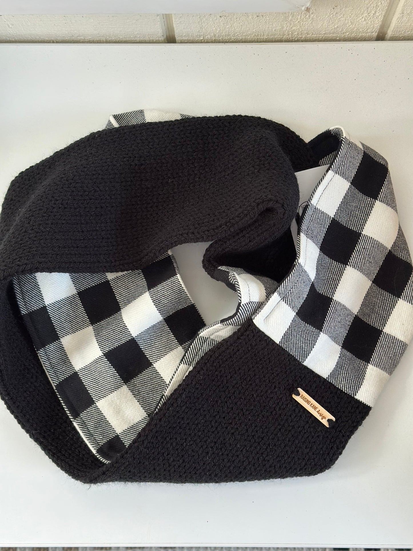 Knit & Buffalo Plaid Flannel Infinity Scarf - Handmade winter scarf