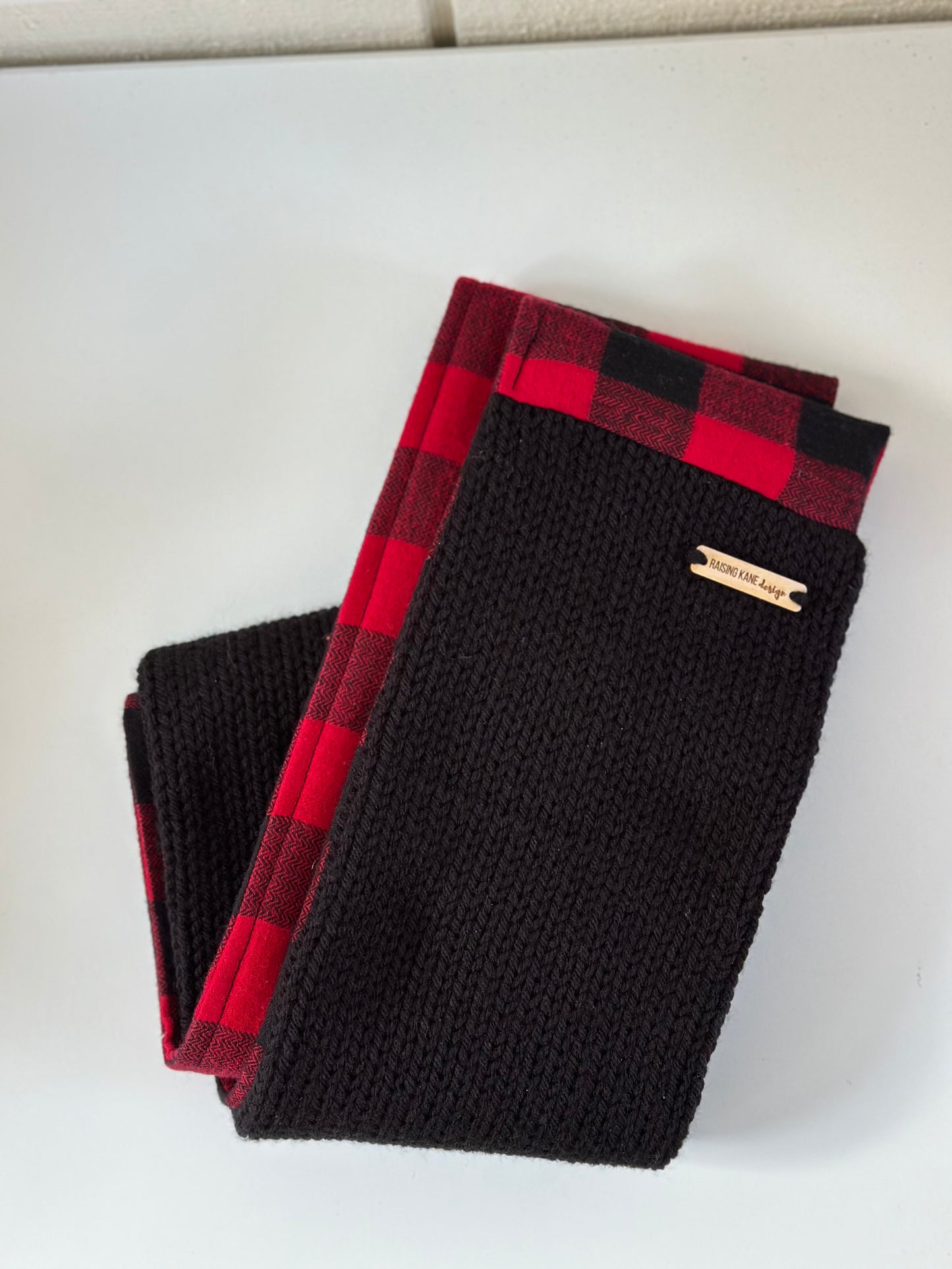 Knit & Buffalo Plaid Flannel Infinity Scarf - Handmade winter scarf