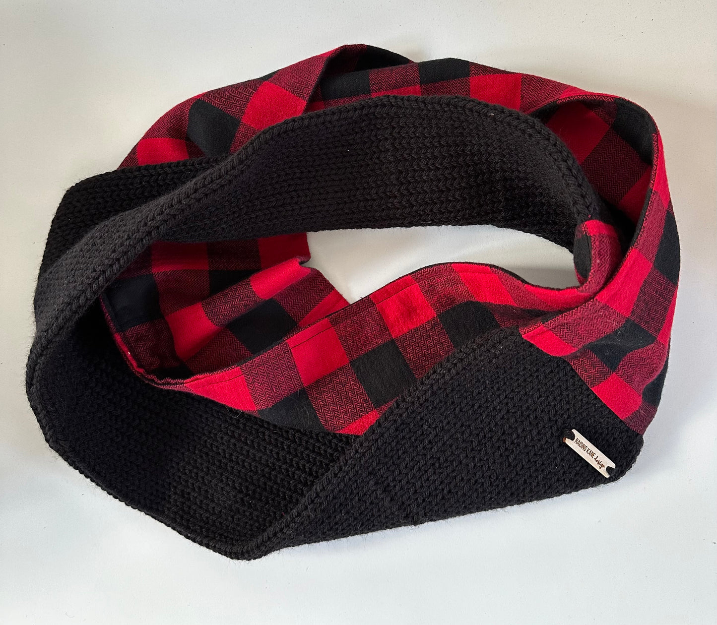 Knit & Buffalo Plaid Flannel Infinity Scarf - Handmade winter scarf