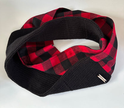 Knit & Buffalo Plaid Flannel Infinity Scarf - Handmade winter scarf
