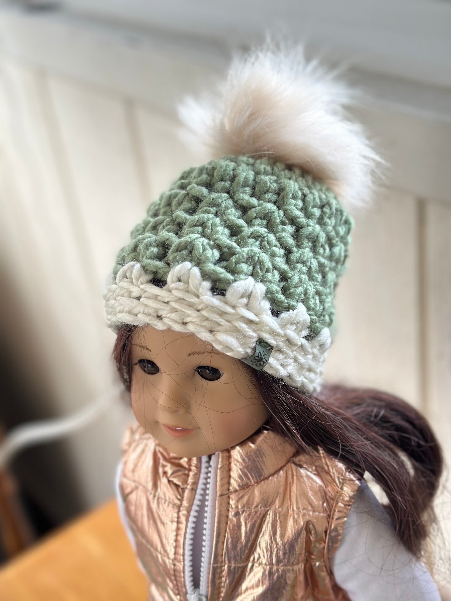 Handmade Doll Beanie with Faux Fur Pom | Crochet Winter Hat for Dolls