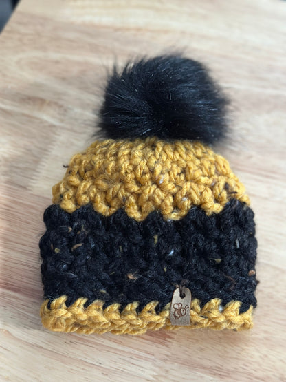 Honey & Black Crochet Doll Beanie with Faux Fur Pom | Handmade Doll Hat