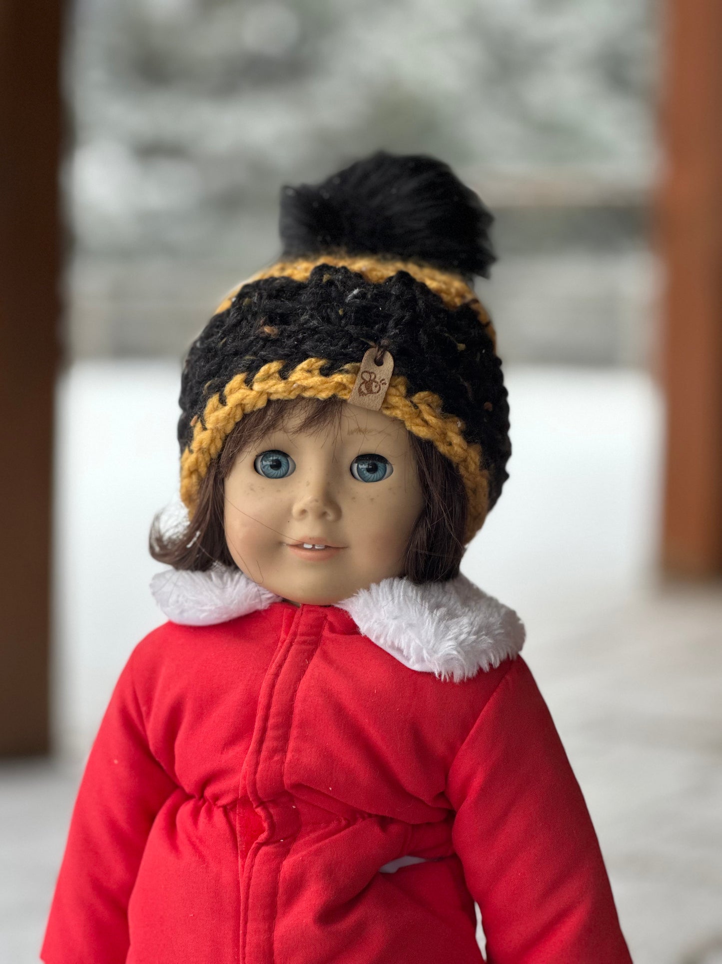 Honey & Black Crochet Doll Beanie with Faux Fur Pom | Handmade Doll Hat