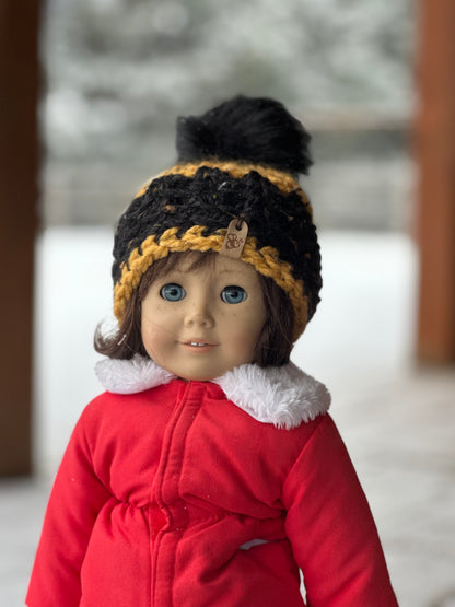 Honey & Black Crochet Doll Beanie with Faux Fur Pom | Handmade Doll Hat