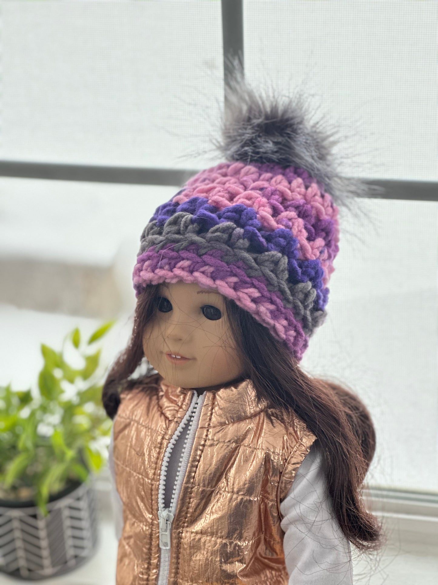 Handmade Doll Beanie with Faux Fur Pom | Crochet Winter Hat for Dolls