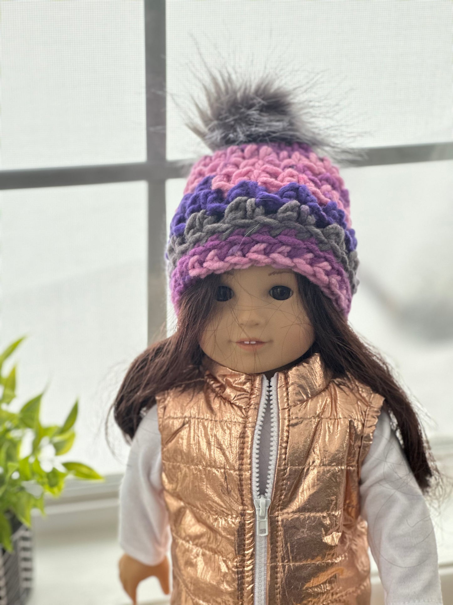 Handmade Doll Beanie with Faux Fur Pom | Crochet Winter Hat for Dolls