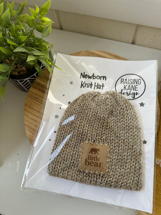 Handmade Newborn Knit Beanie – Neutral Baby Hat with Faux Leather “Little Bear” Patch
