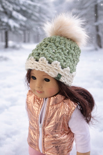 Handmade Doll Beanie with Faux Fur Pom | Crochet Winter Hat for Dolls