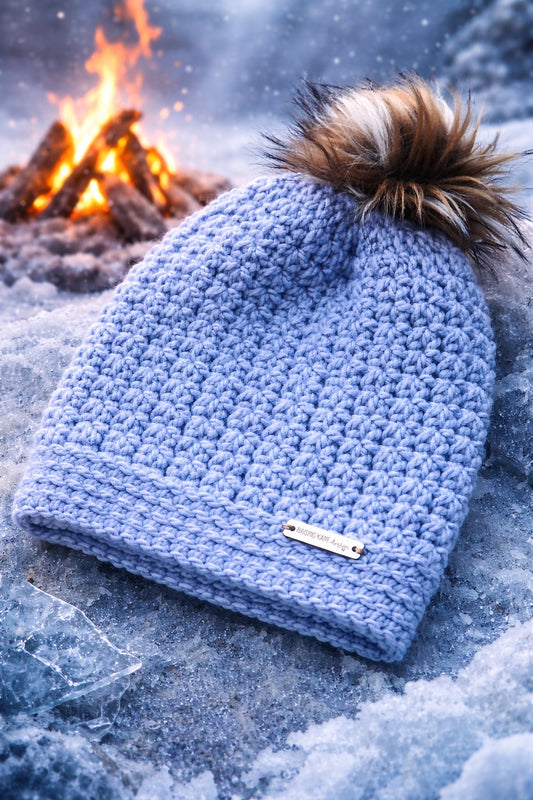 Fire and Ice Crochet Beanie with Faux Fur Flame Pom | Handmade Winter Hat | Soft Bulky Yarn Slouch Beanie