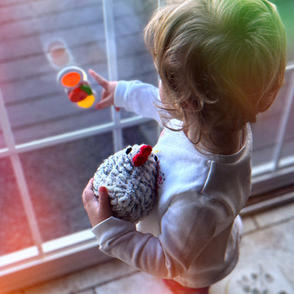 child holding chicken plushie looking out window