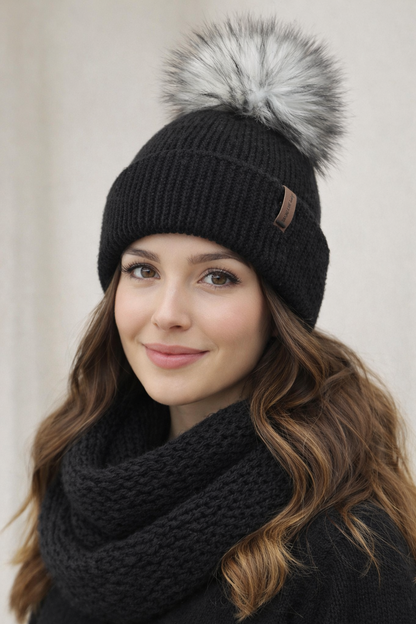 Black Knit Beanie with Removable Black & White Pom