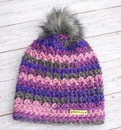 Cherry Blossom Crochet Beanie with Gray Faux Fur Pom