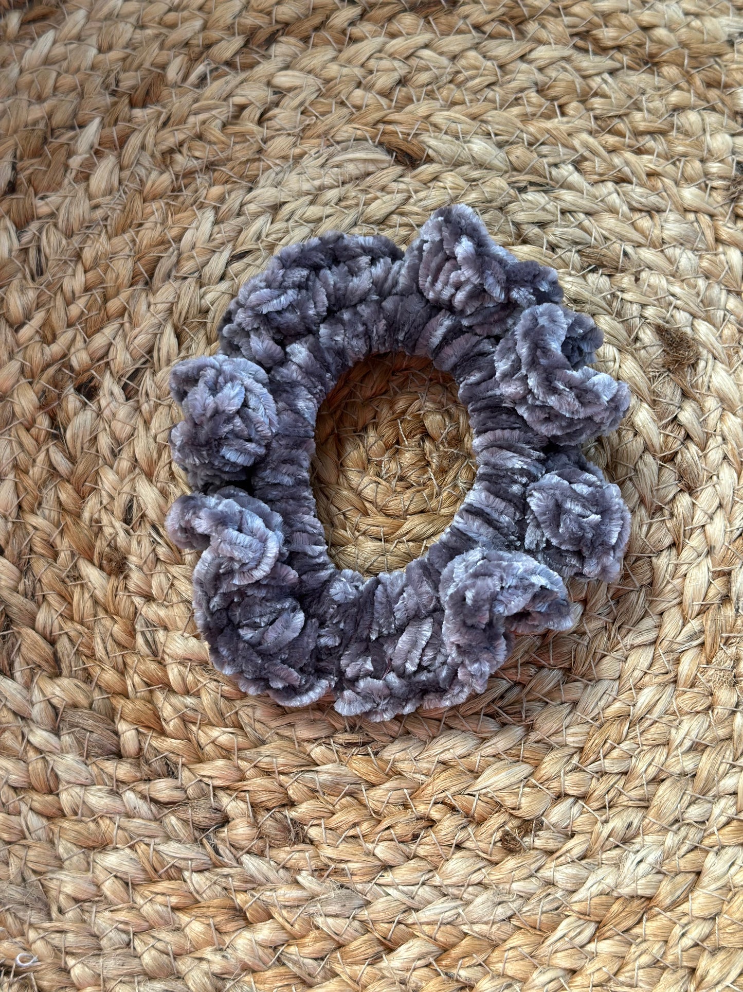 handmade scrunchie, crochet scrunchie, velvet scrunchie, sensory scrunchie, cozy hair accessory, crochet hair tie, soft hair scrunchie, handmade gift