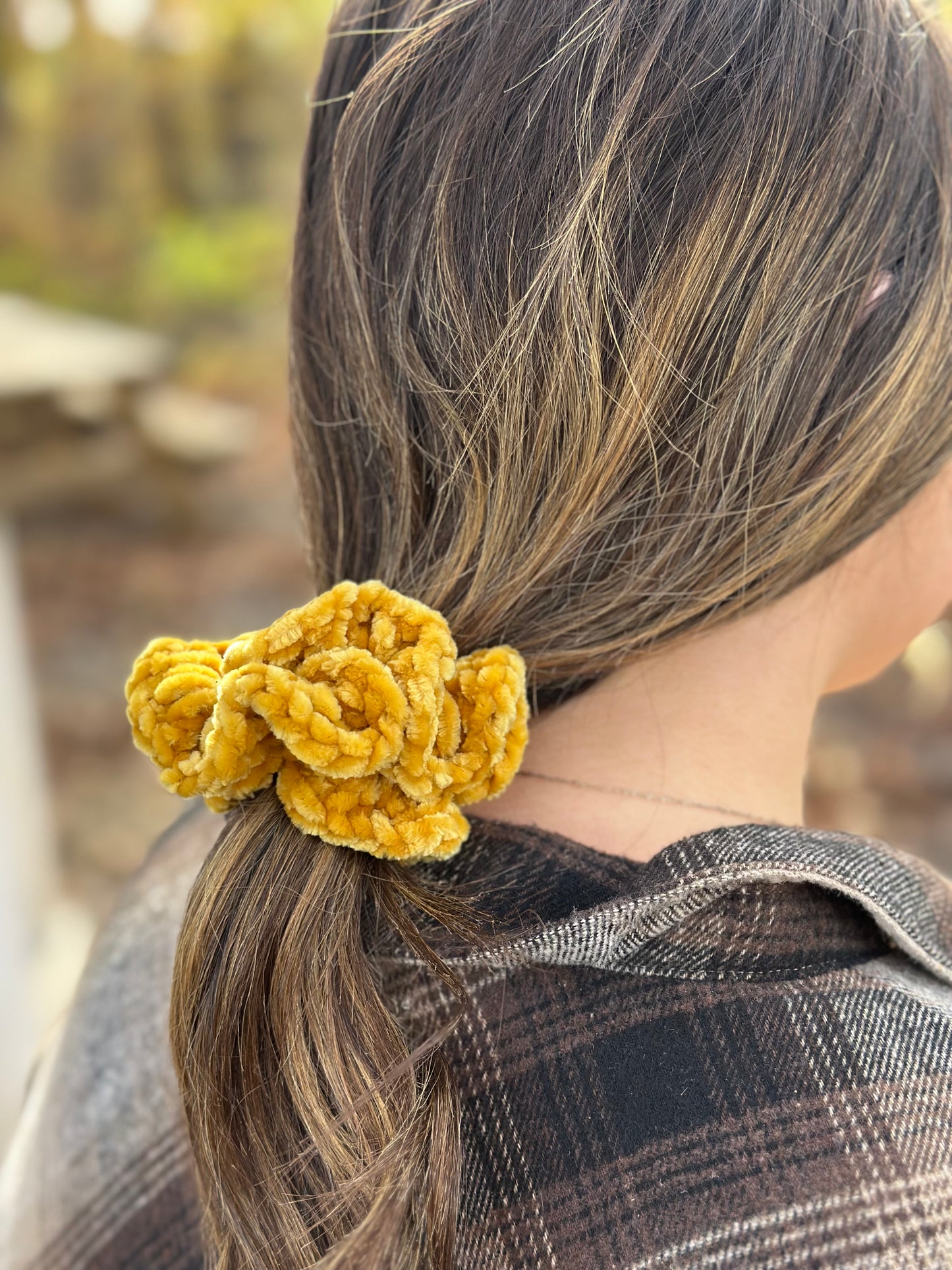 handmade scrunchie, crochet scrunchie, velvet scrunchie, sensory scrunchie, cozy hair accessory, crochet hair tie, soft hair scrunchie, handmade gift
