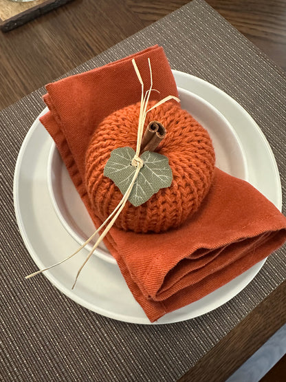 Small Knit Pumpkin with Cinnamon Stick Stem, Green Canvas Leaf & Raffia tie