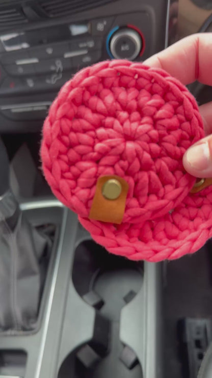 Absorbent Crochet Car Coasters with vegan leather tag accent