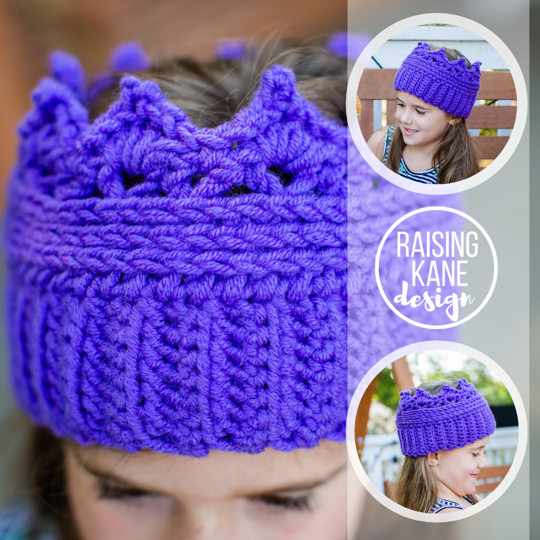 Purple knitted headband worn by a child, with 'Raising Kane Design' branding.
