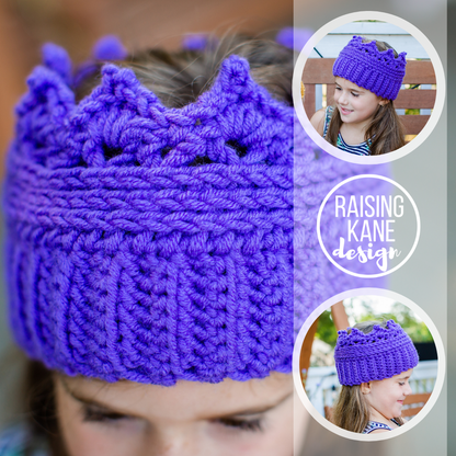 Purple knitted headband worn by a child, with 'Raising Kane Design' branding.