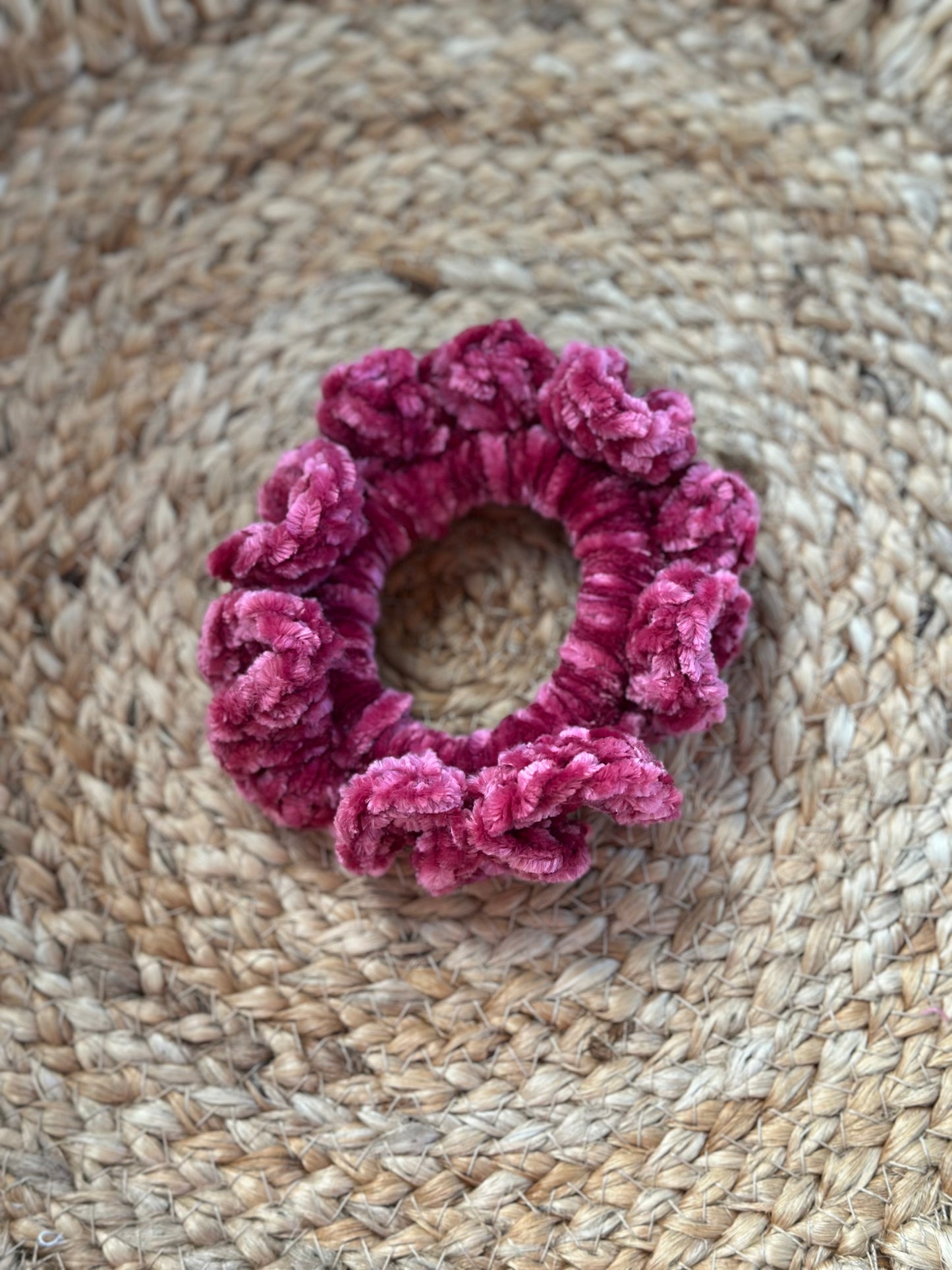 handmade scrunchie, crochet scrunchie, velvet scrunchie, sensory scrunchie, cozy hair accessory, crochet hair tie, soft hair scrunchie, handmade gift